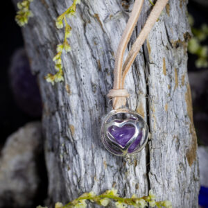 Treasure amethyst pendant in leather band, small